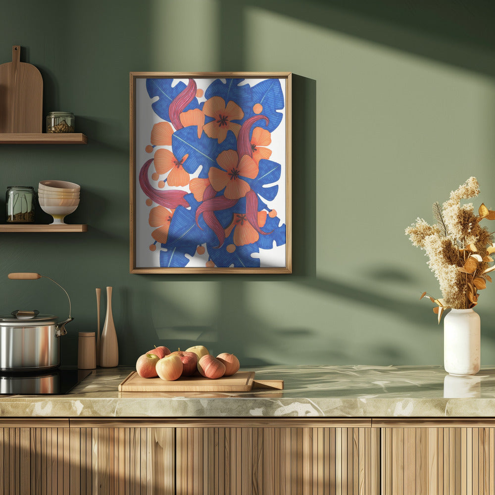 Hawaiian Orange and Blue Florals Poster