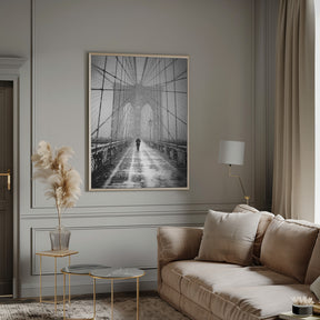 New York Walker in Blizzard - Brooklyn Bridge Poster