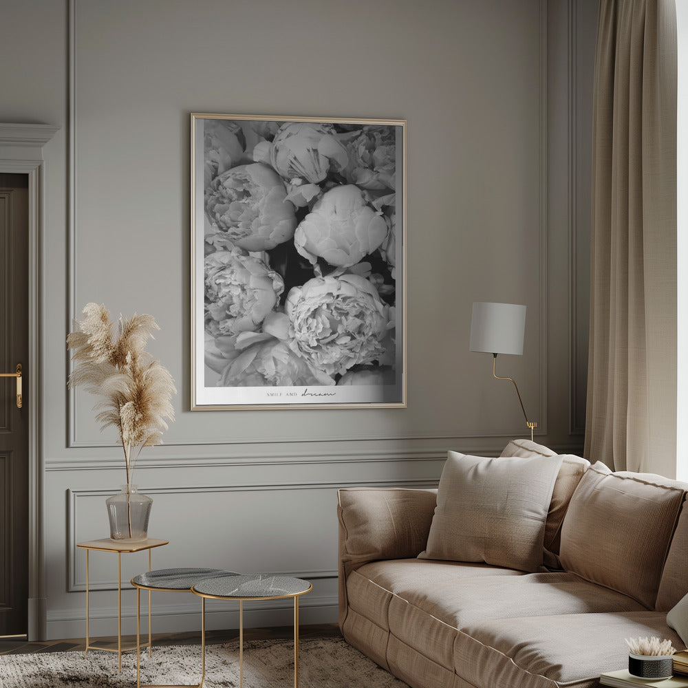 Smile and dream peonies BW Poster