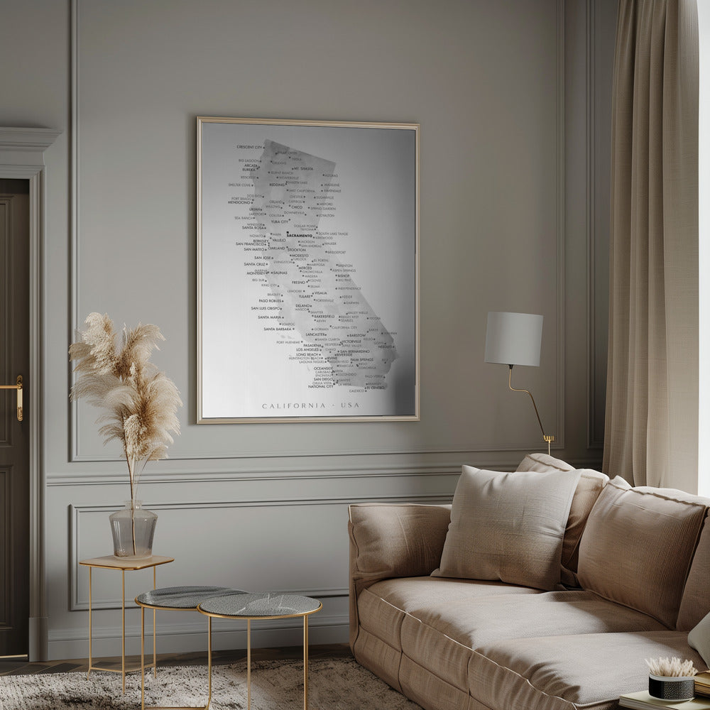 Grayscale watercolor map of California with cities Poster