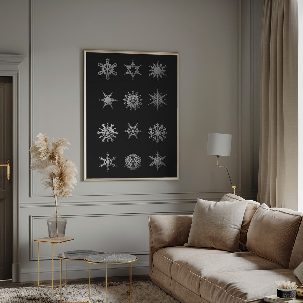 Twelve geometric snowflakes in black Poster