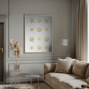 Twelve geometric snowflakes in gold Poster