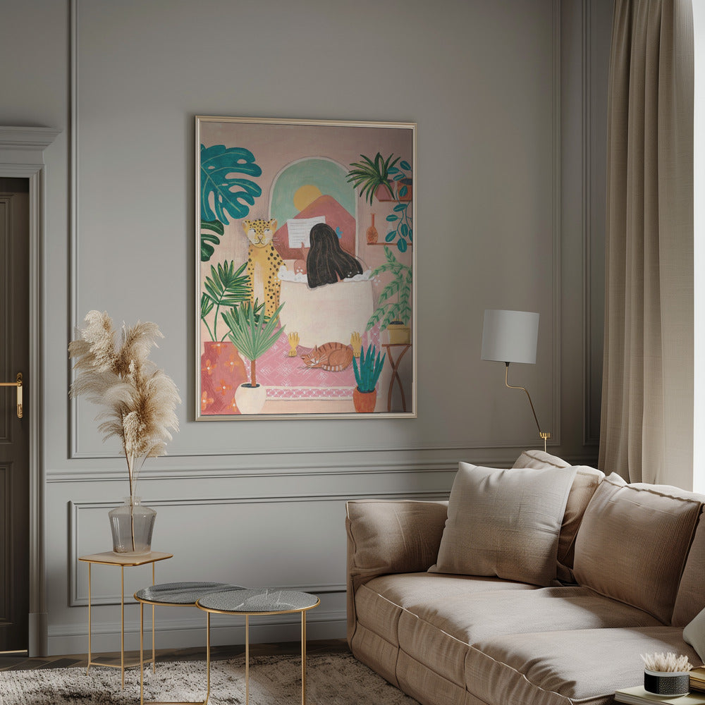 Woman taking bath in pink tropical bathroom Poster