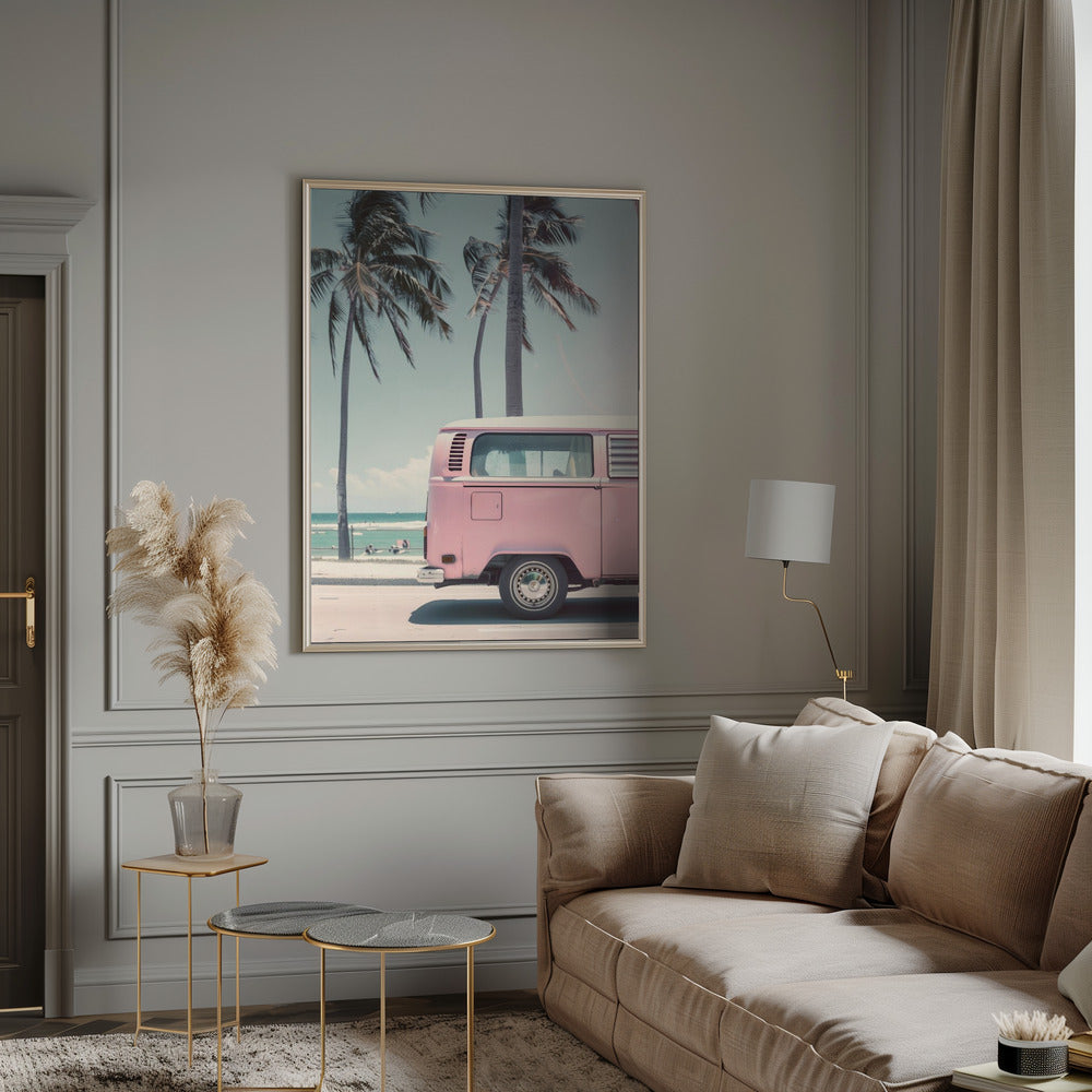 Pink Bus By the Beach Poster