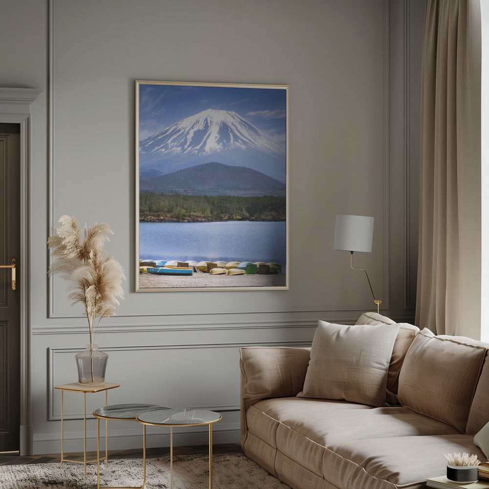 Picturesque Lake Shoji with striking Mount Fuji Poster