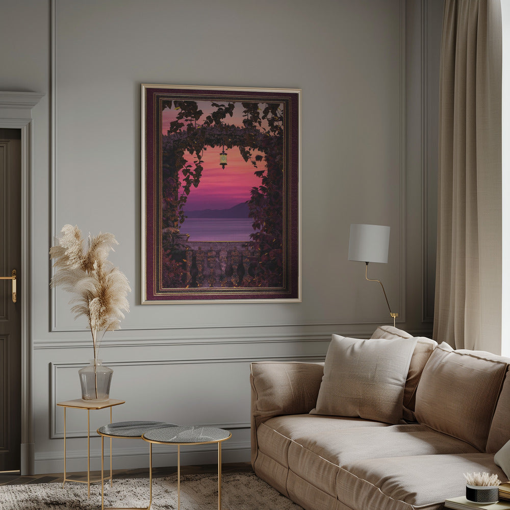 Sunset view with ornate &amp; gold burgundy frame Poster