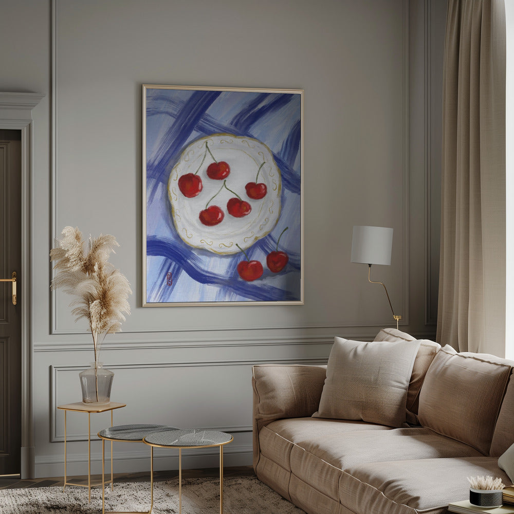 A Plate of Cherries Food Painting Poster