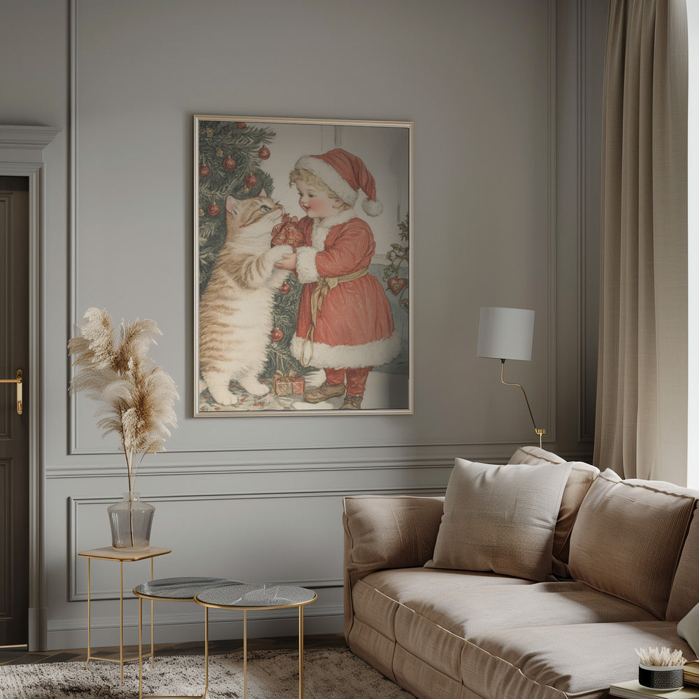 Christmas Kid and Cat Poster