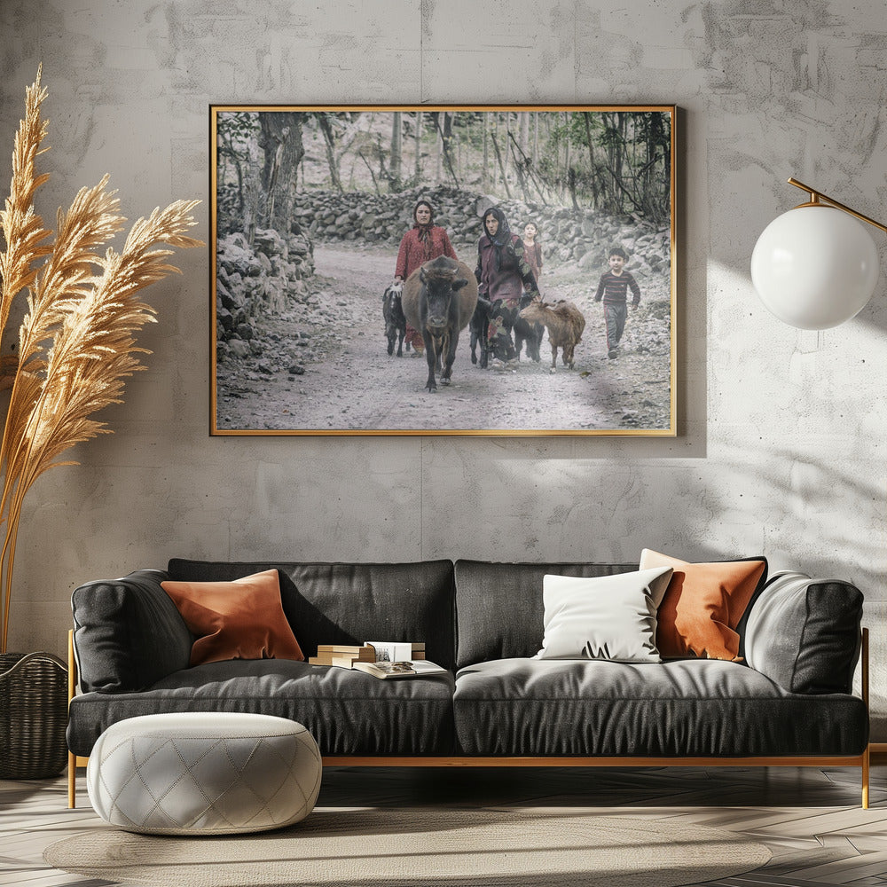 Tajik women and livestock on the way from pastures Poster