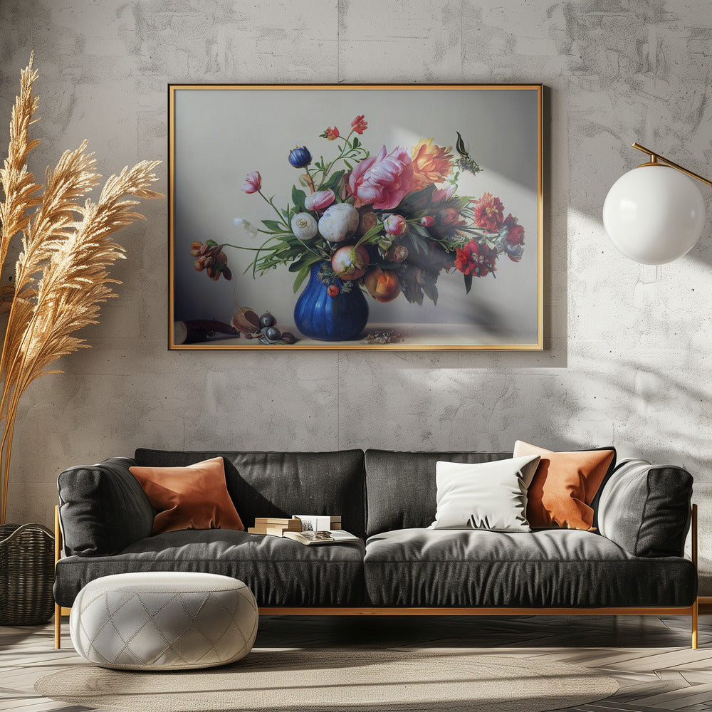 Flower Bouquet With Blue Vase Poster