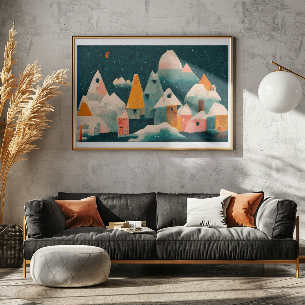 Little Village With Moon Poster