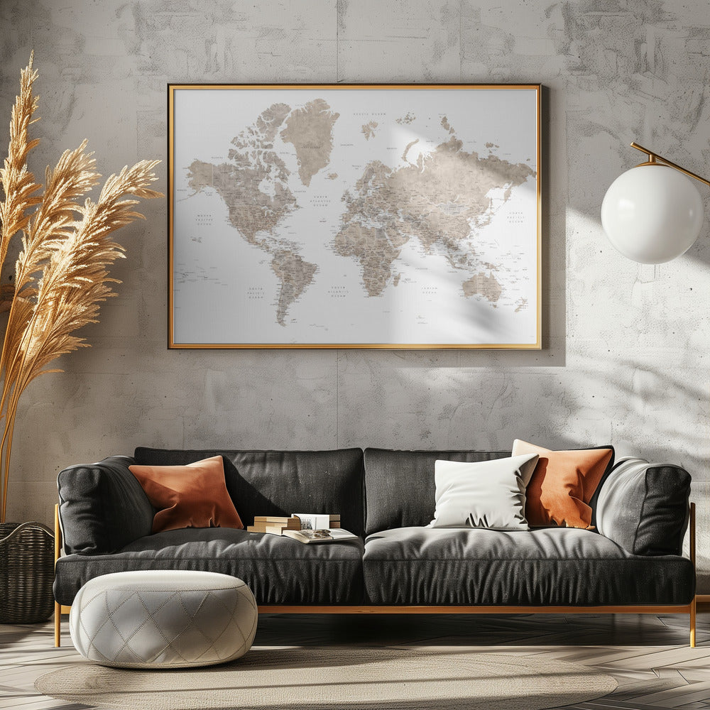 Detailed world map with cities, Abey Poster