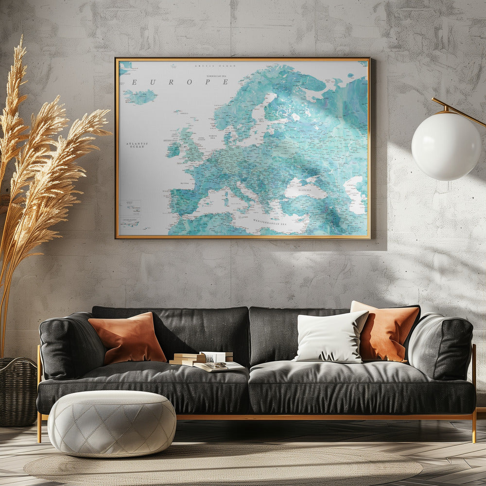 Aquamarine detailed map of Europe Poster