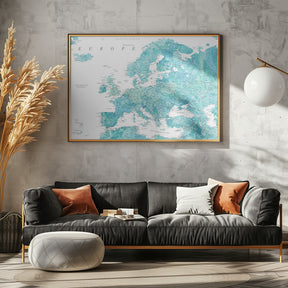 Aquamarine detailed map of Europe Poster