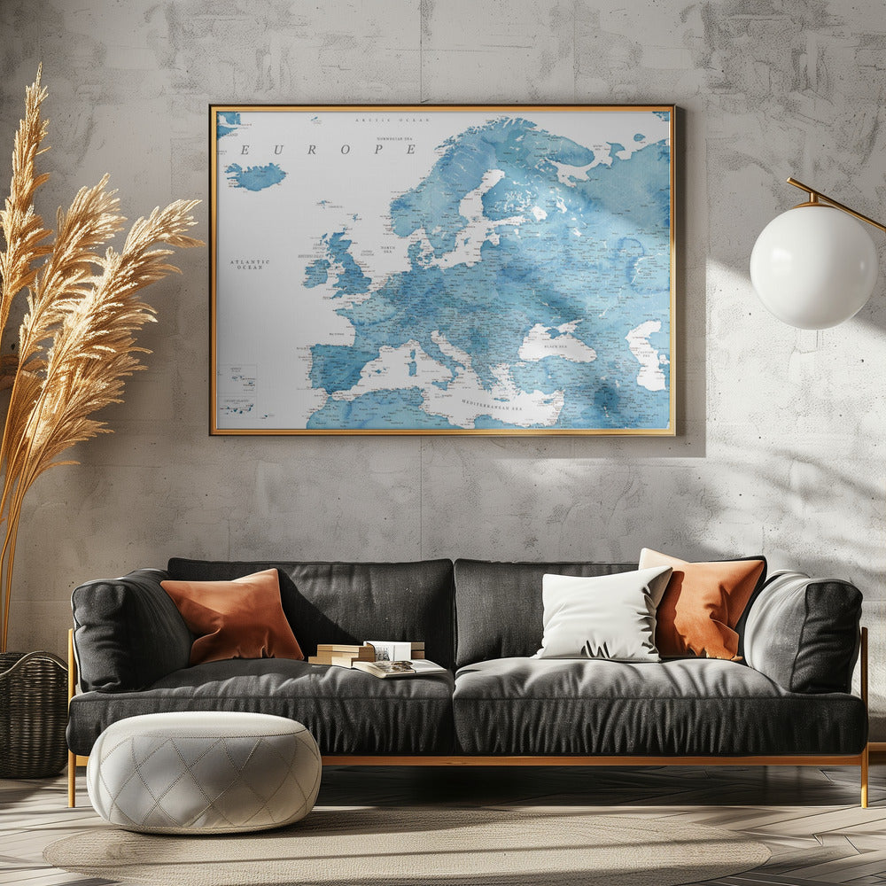 Blue detailed map of Europe Poster