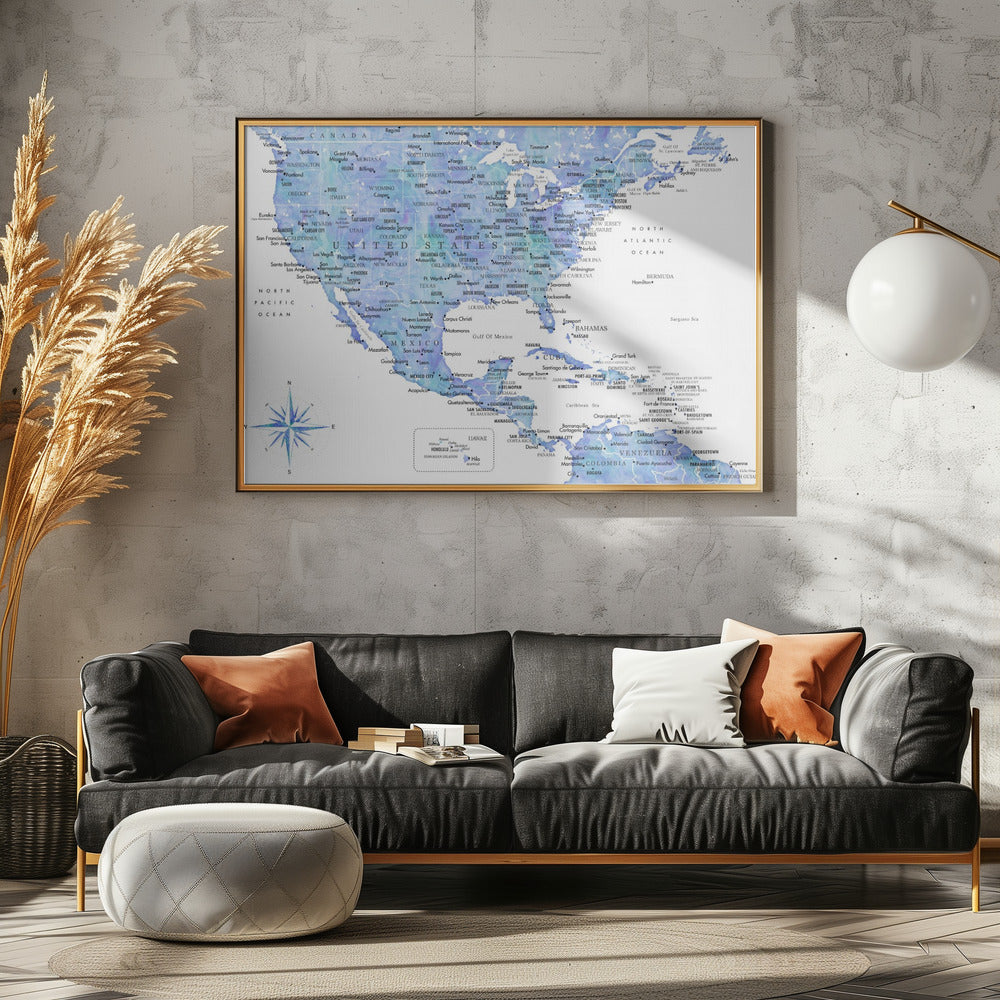 Blue map of USA and the Caribbean sea Poster