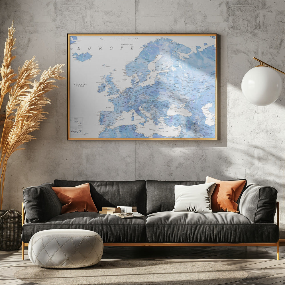 Light blue watercolor detailed map of Europe Poster