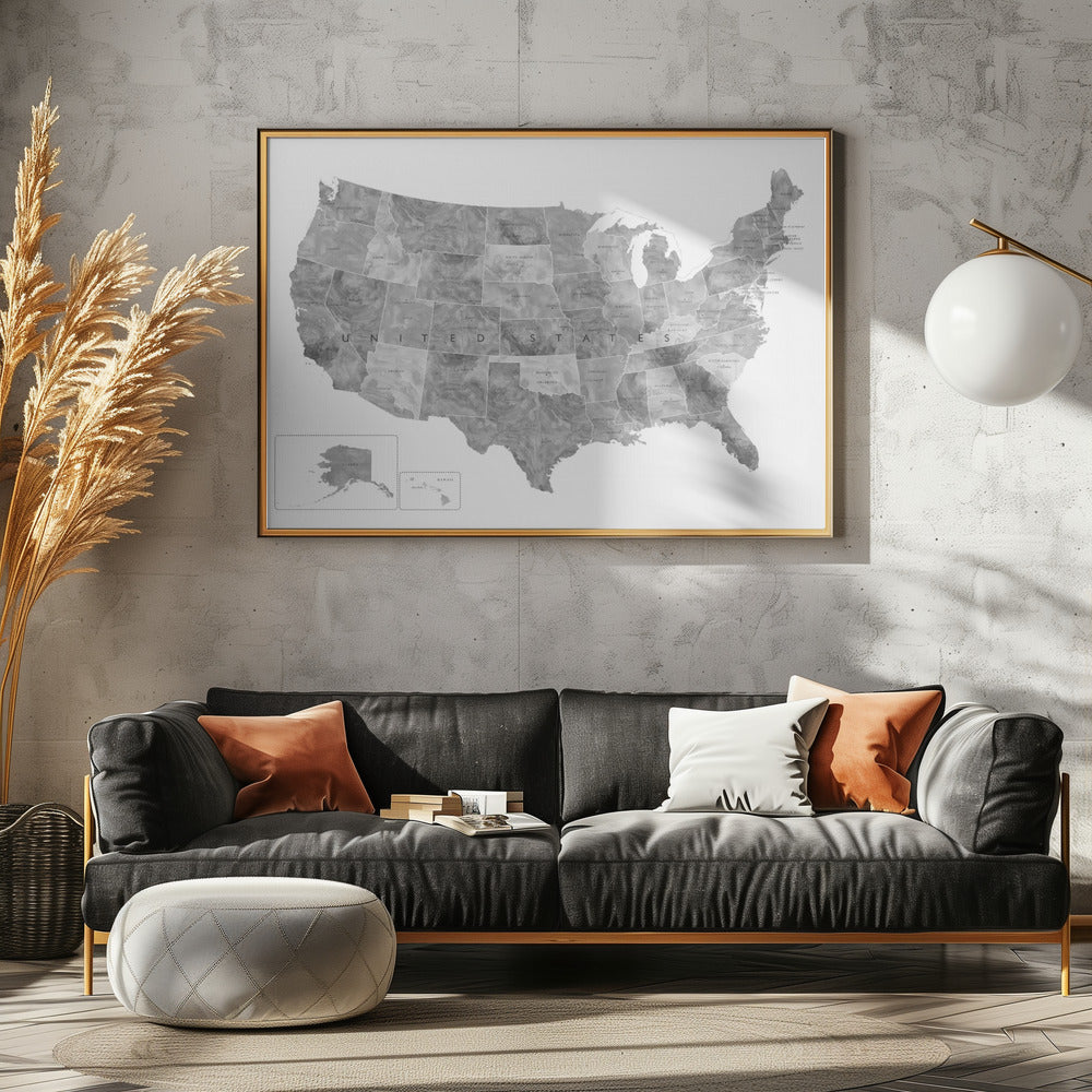 Gray watercolor map of the US Poster