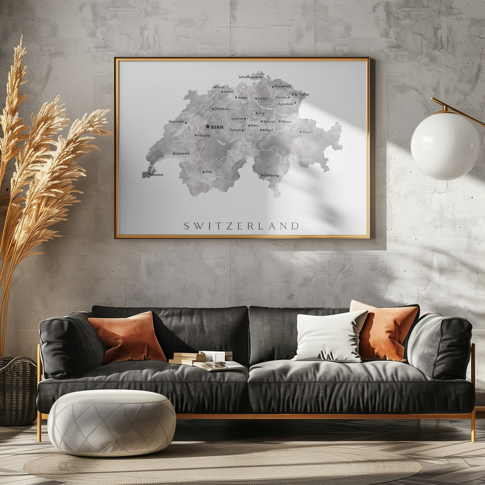 Gray watercolor map of Switzerland Poster