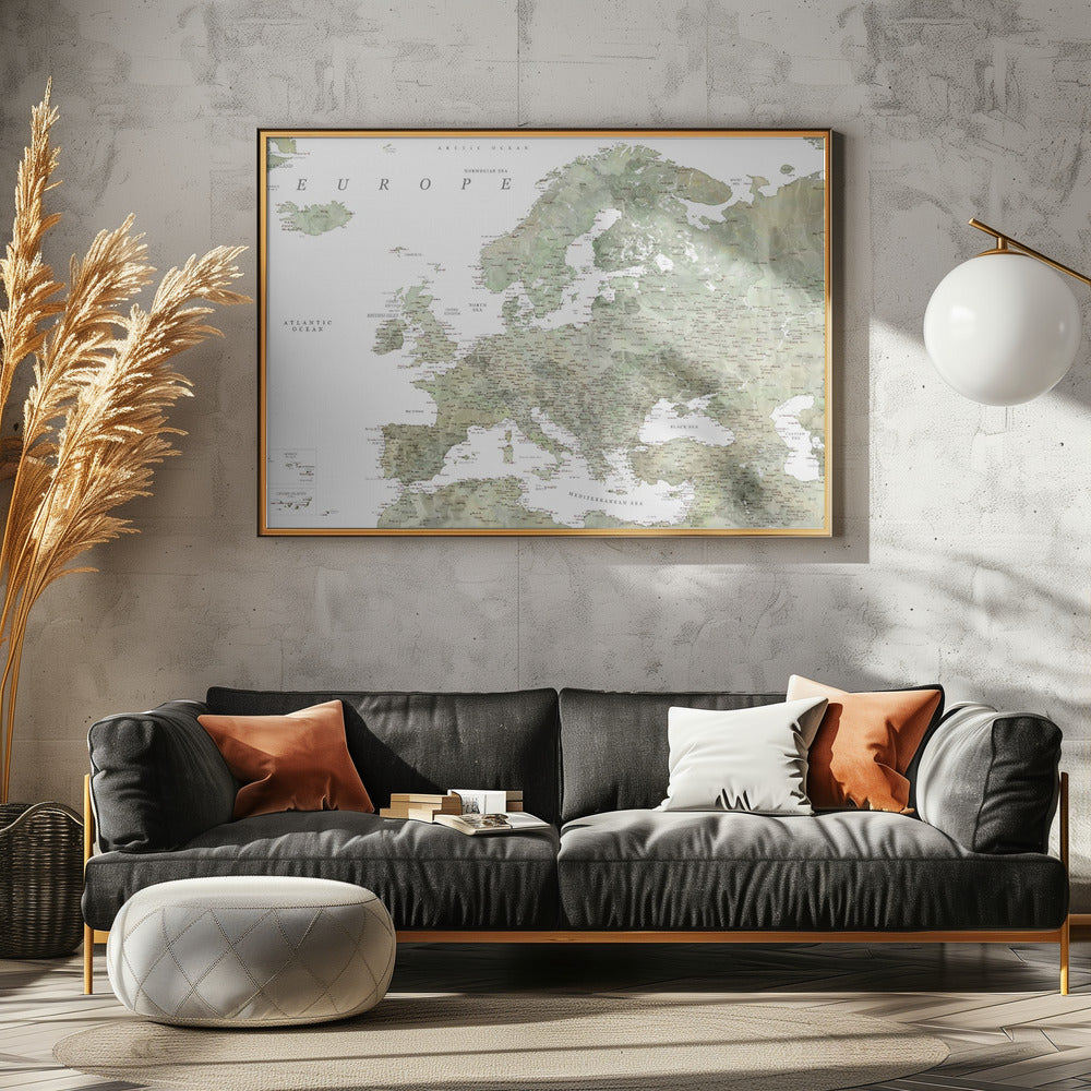 Green detailed map of Europe Poster