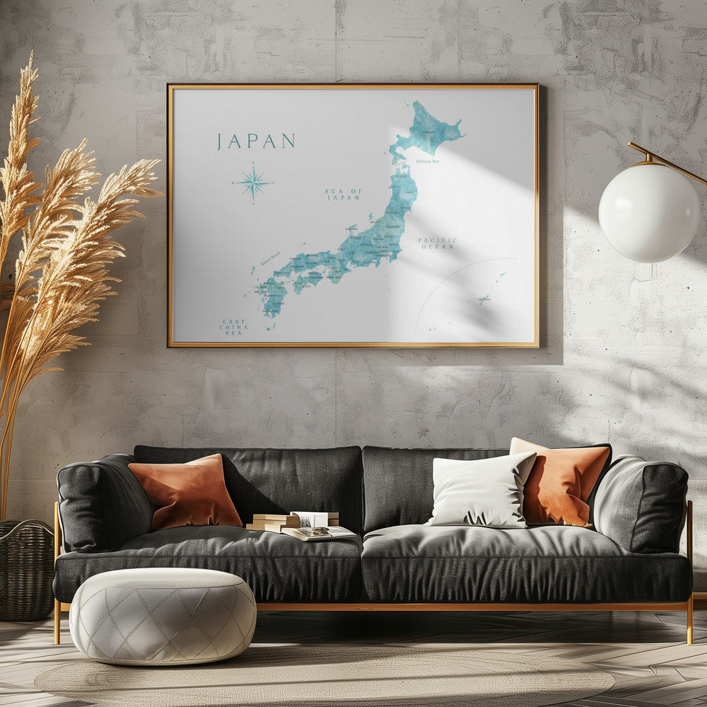 Aquamarine watercolor Japan map Poster