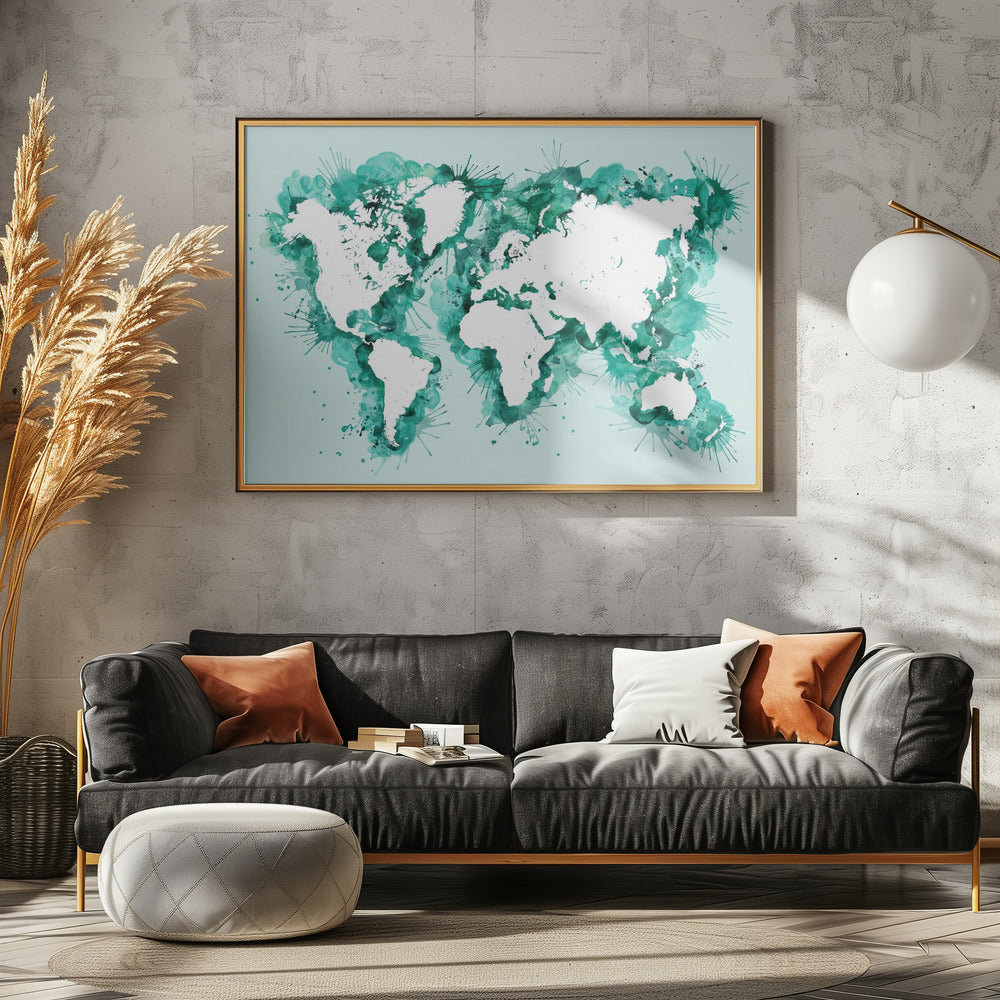 Teal strokes world map Poster