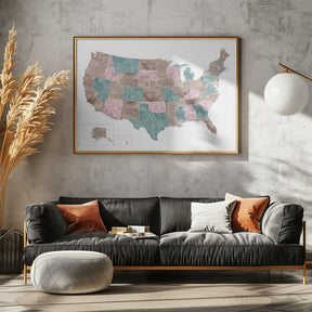 Pink and teal watercolor map of the US Poster