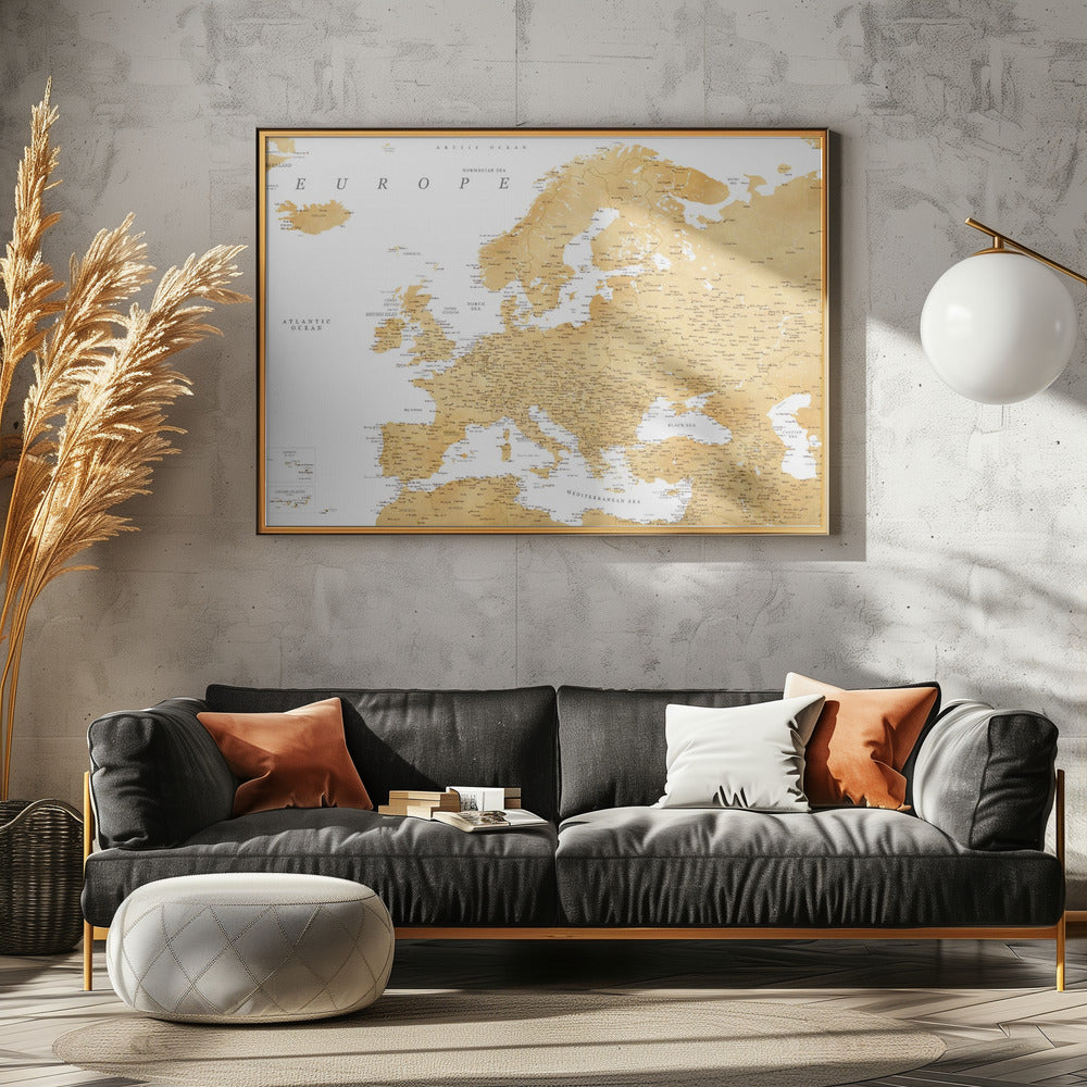 Golden detailed map of Europe Poster