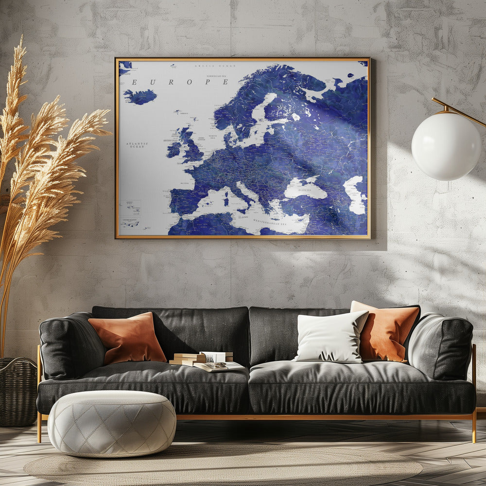 Navy blue detailed map of Europe Poster