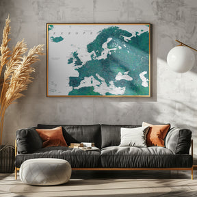 Teal detailed map of Europe Poster