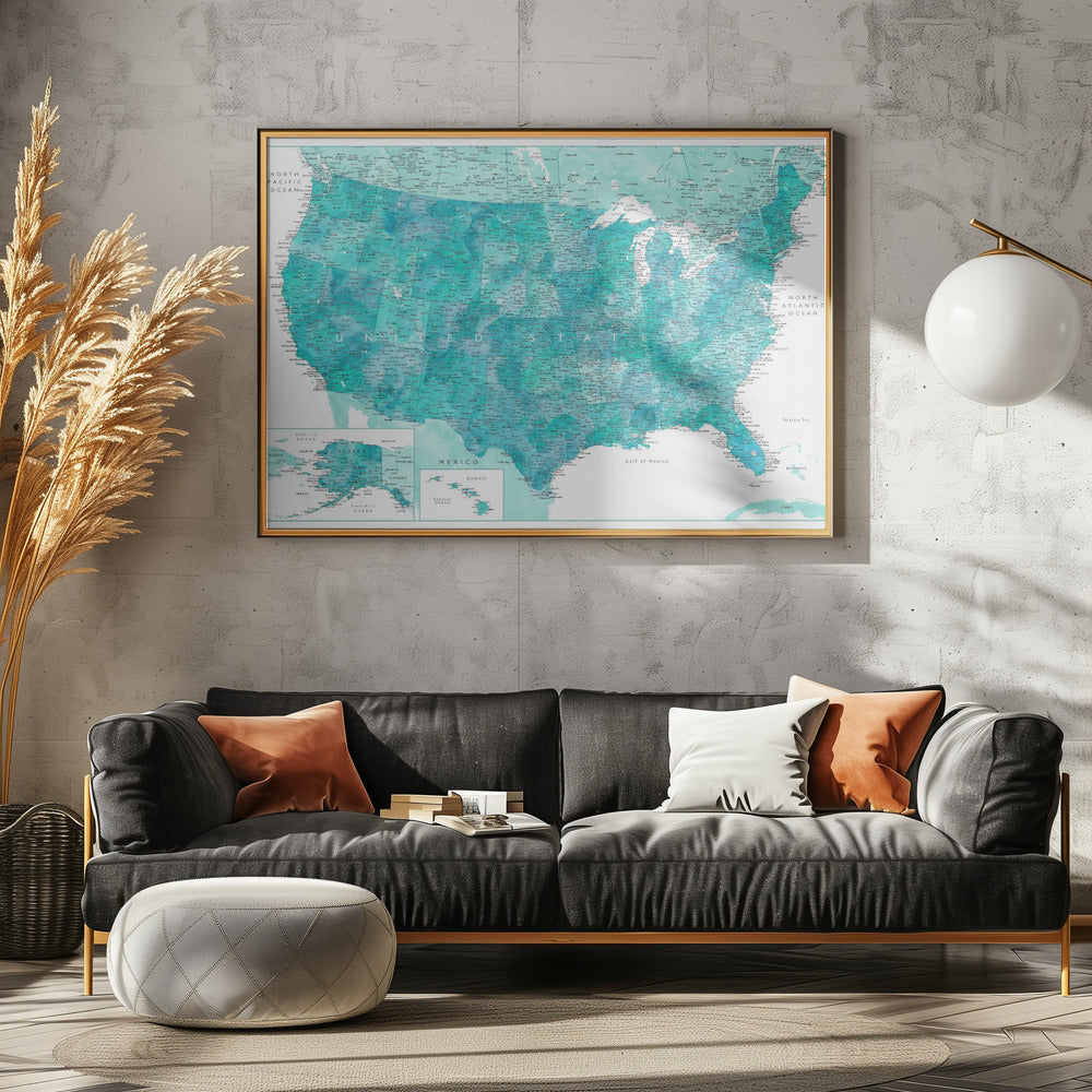 Highly detailed map of the United States, Caribbean waters Poster