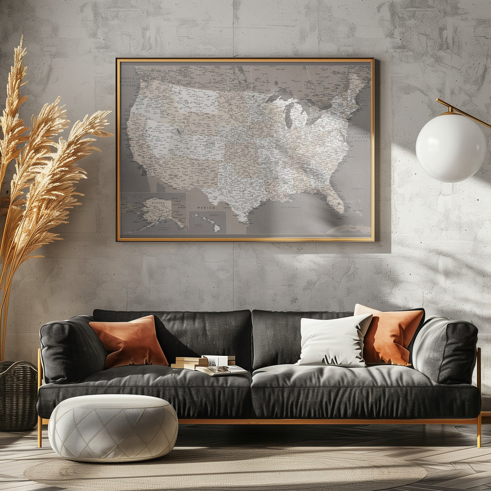 Highly detailed map of the United States, dark taupe Poster