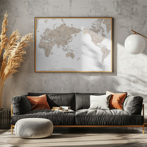 Pacific-centered world map with cities, Abey Poster