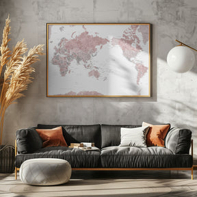 Pacific-centered world map with cities, Piper Poster