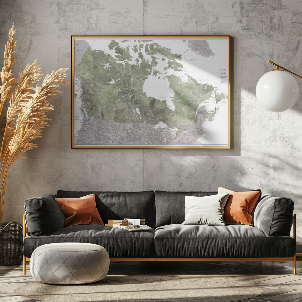 Detailed map of Canada in green watercolor, Helo Poster