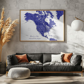 Adventure map of North America in cobalt blue Poster