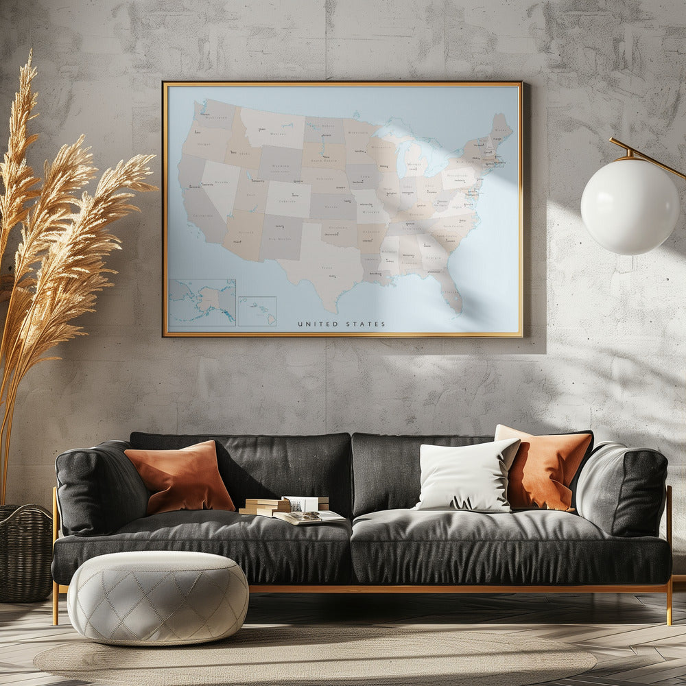 Isolated map of the United States with States and State capitals Poster