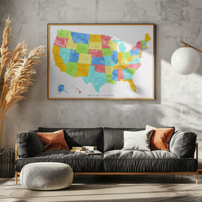 Colorful map of the United States with States and State capitals Poster