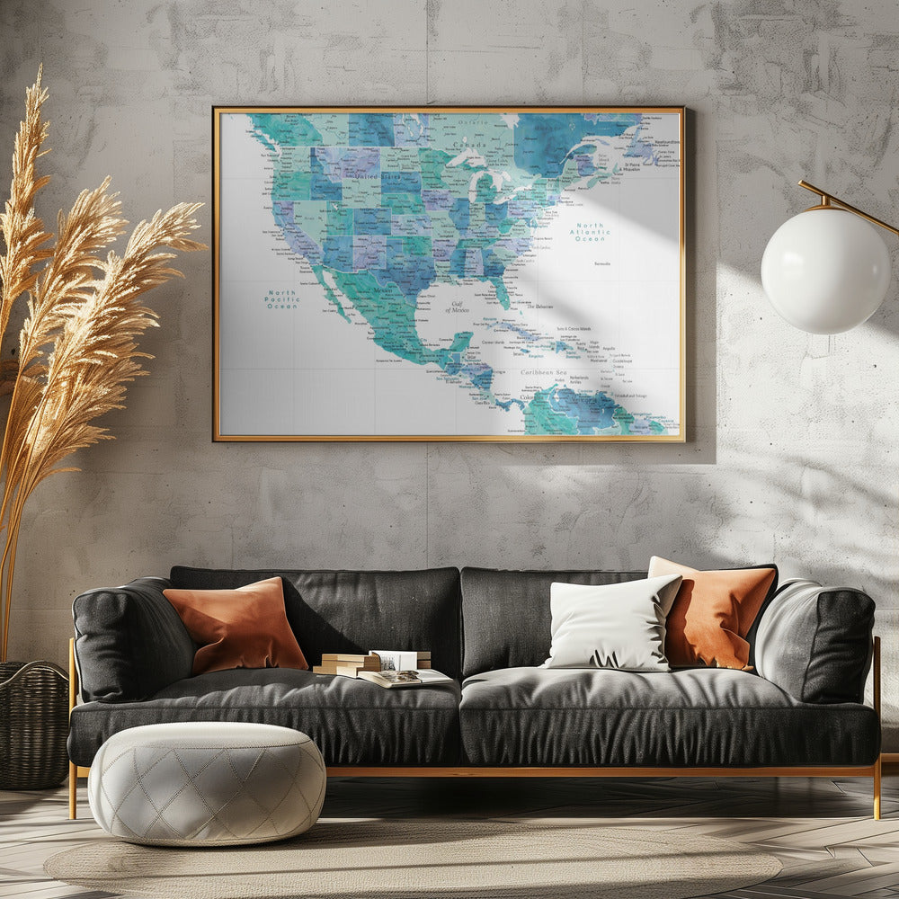 Aqua map of the United States and the Caribbean sea Poster