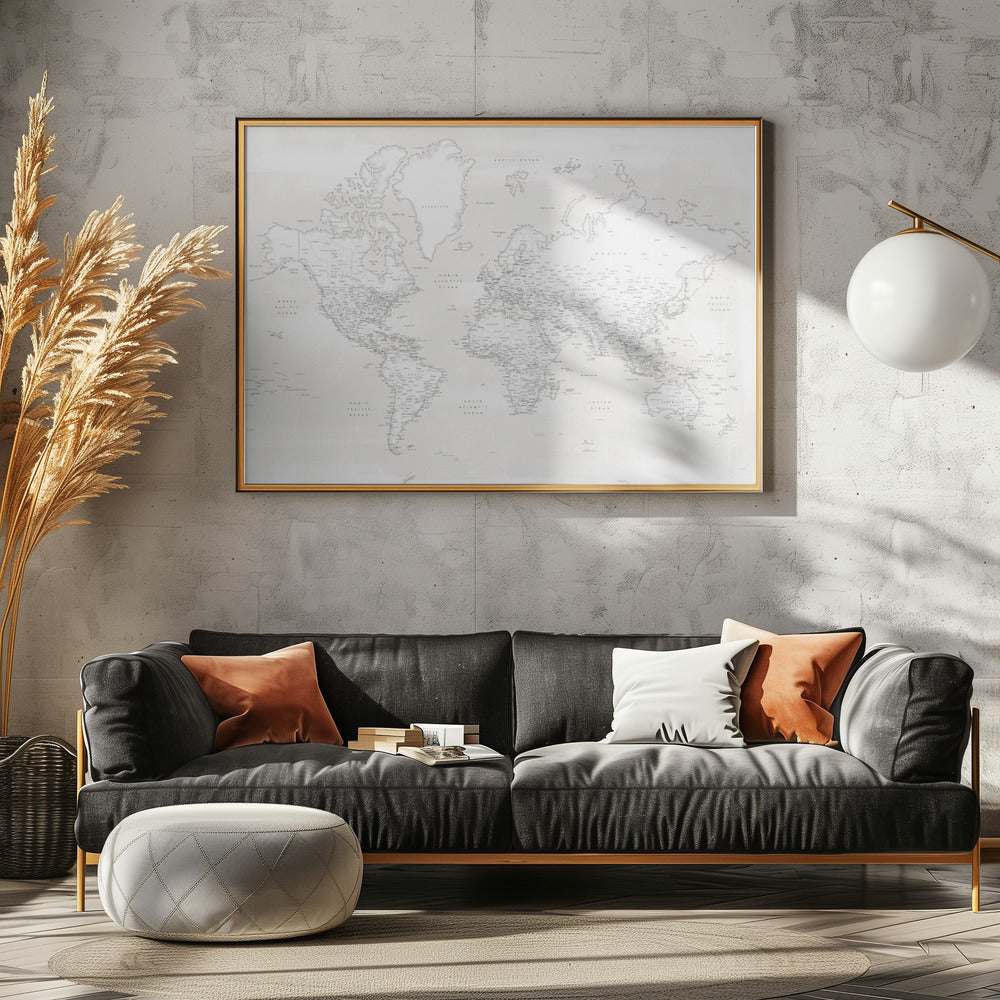 Detailed world map with cities, Maeli white Poster