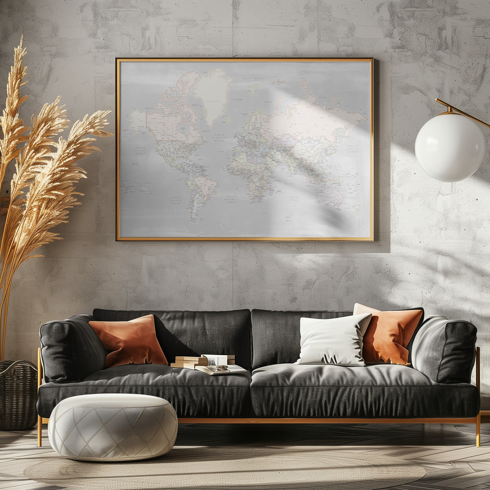 Detailed world map with cities, Maeli pastels Poster