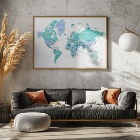 Detailed world map with cities, Caribbean waters Poster