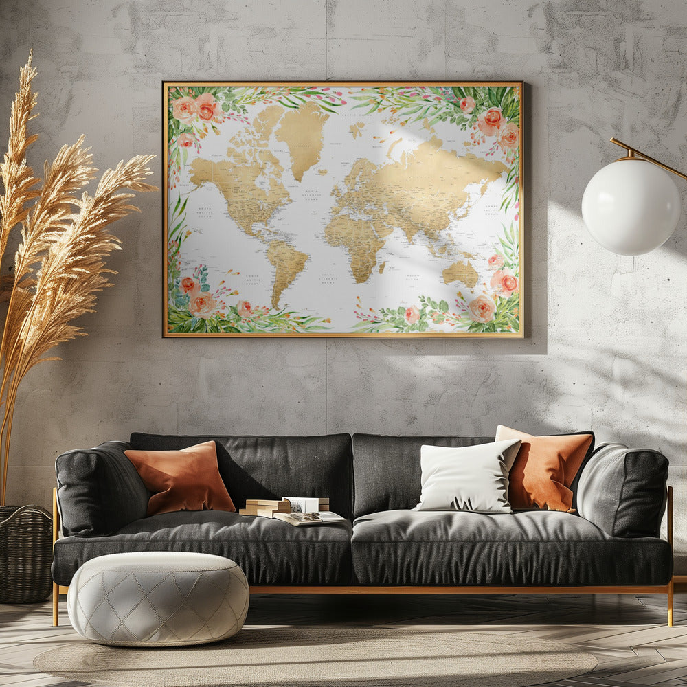 Floral bohemian world map with cities, Blythe Poster