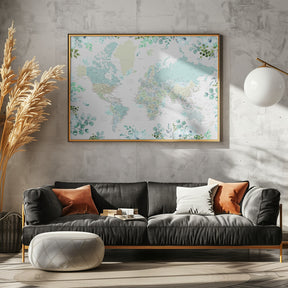 Detailed world map with cities and florals, Marie Poster