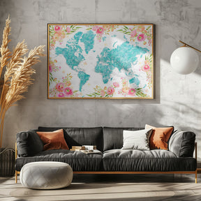 Detailed floral world map with cities, Haven Poster