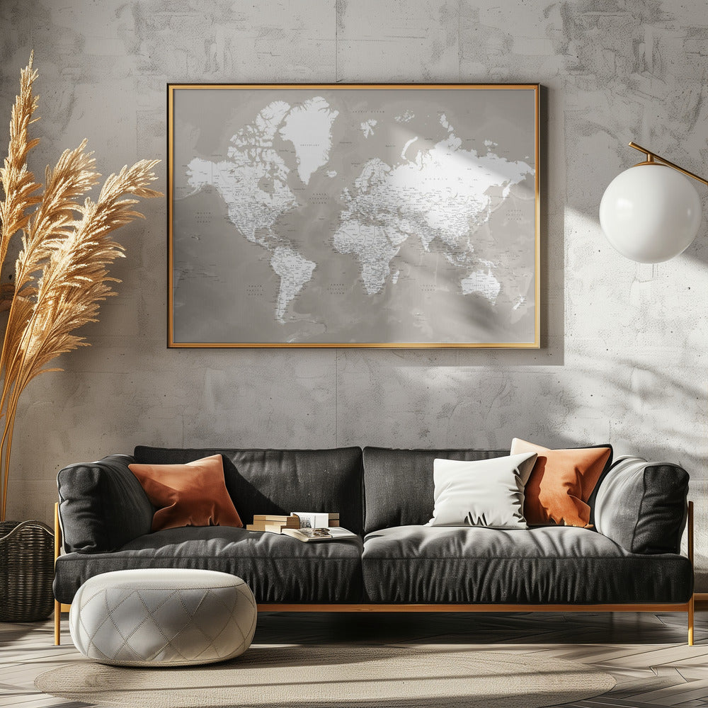 Detailed world map with cities, Orien Poster