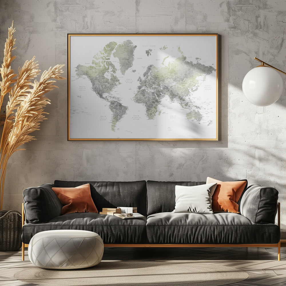 Detailed world map with cities, Hollace Poster