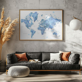 Blue watercolor world map with cities, Simeon Poster