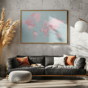 Pink and aqua world map with cities, Isobel Poster