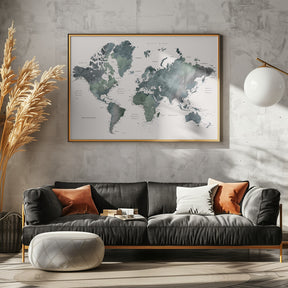 Watercolor world map with cities, Makoa Poster